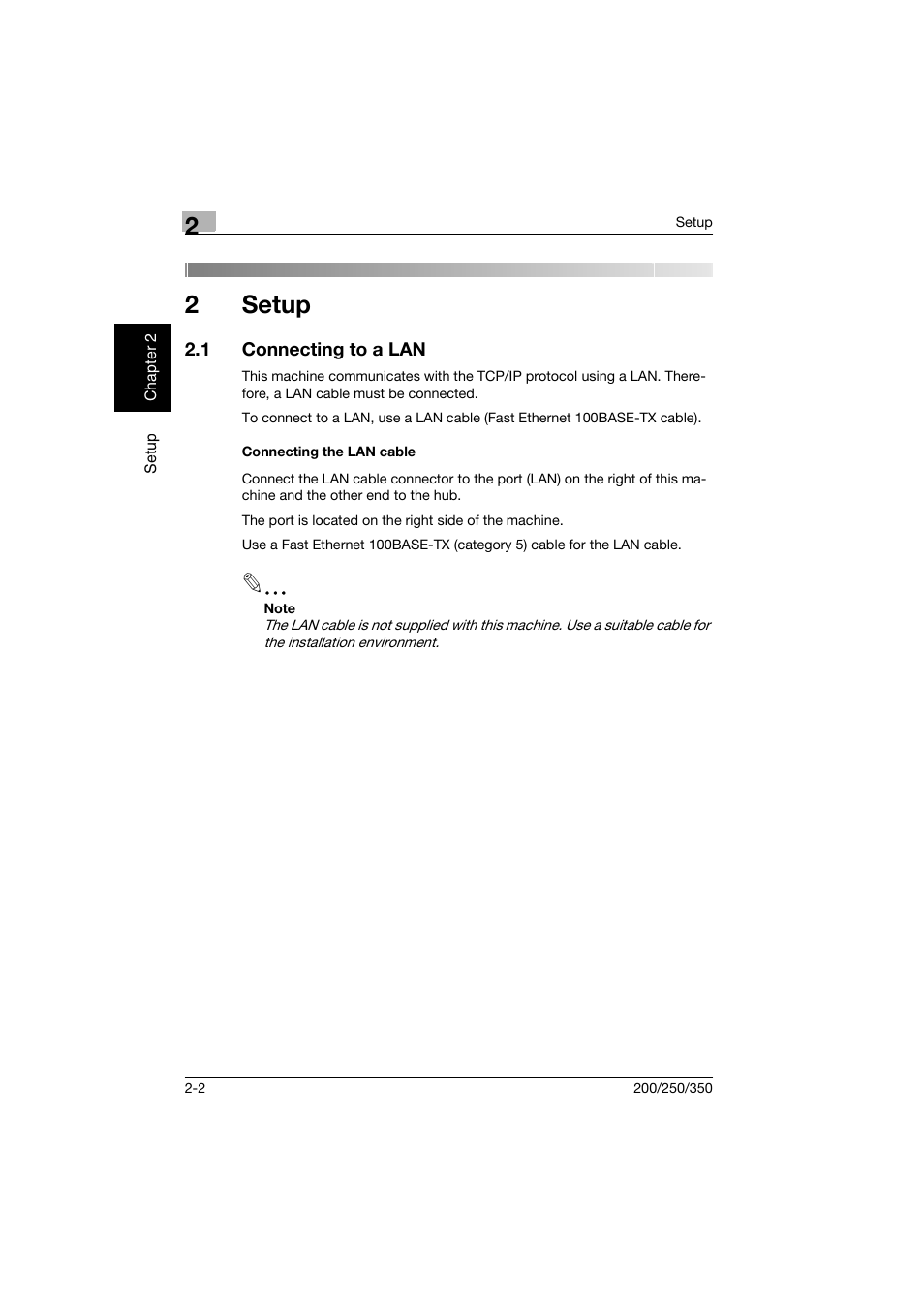 2 setup, 1 connecting to a lan, Connecting the lan cable | Setup, Connecting to a lan -2, Connecting the lan cable -2, 2setup | Konica Minolta BP-200 User Manual | Page 35 / 468