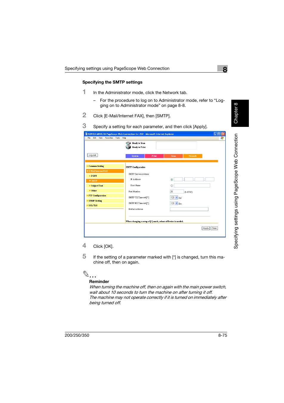 Specifying the smtp settings, Specifying the smtp settings -75 | Konica Minolta BP-200 User Manual | Page 354 / 468