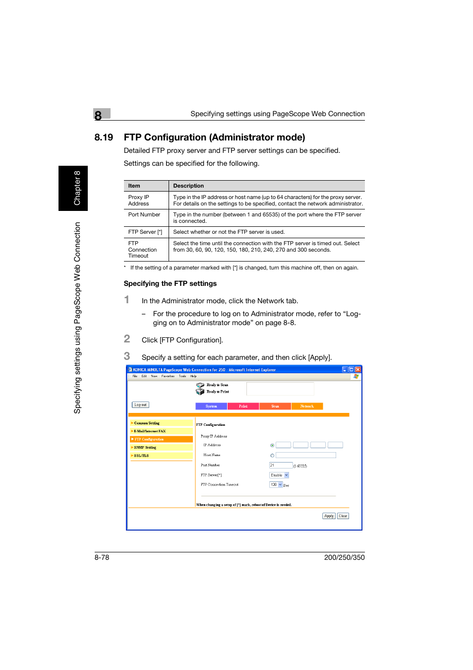 19 ftp configuration (administrator mode), Specifying the ftp settings, Ftp configuration (administrator mode) -78 | Specifying the ftp settings -78 | Konica Minolta BP-200 User Manual | Page 357 / 468