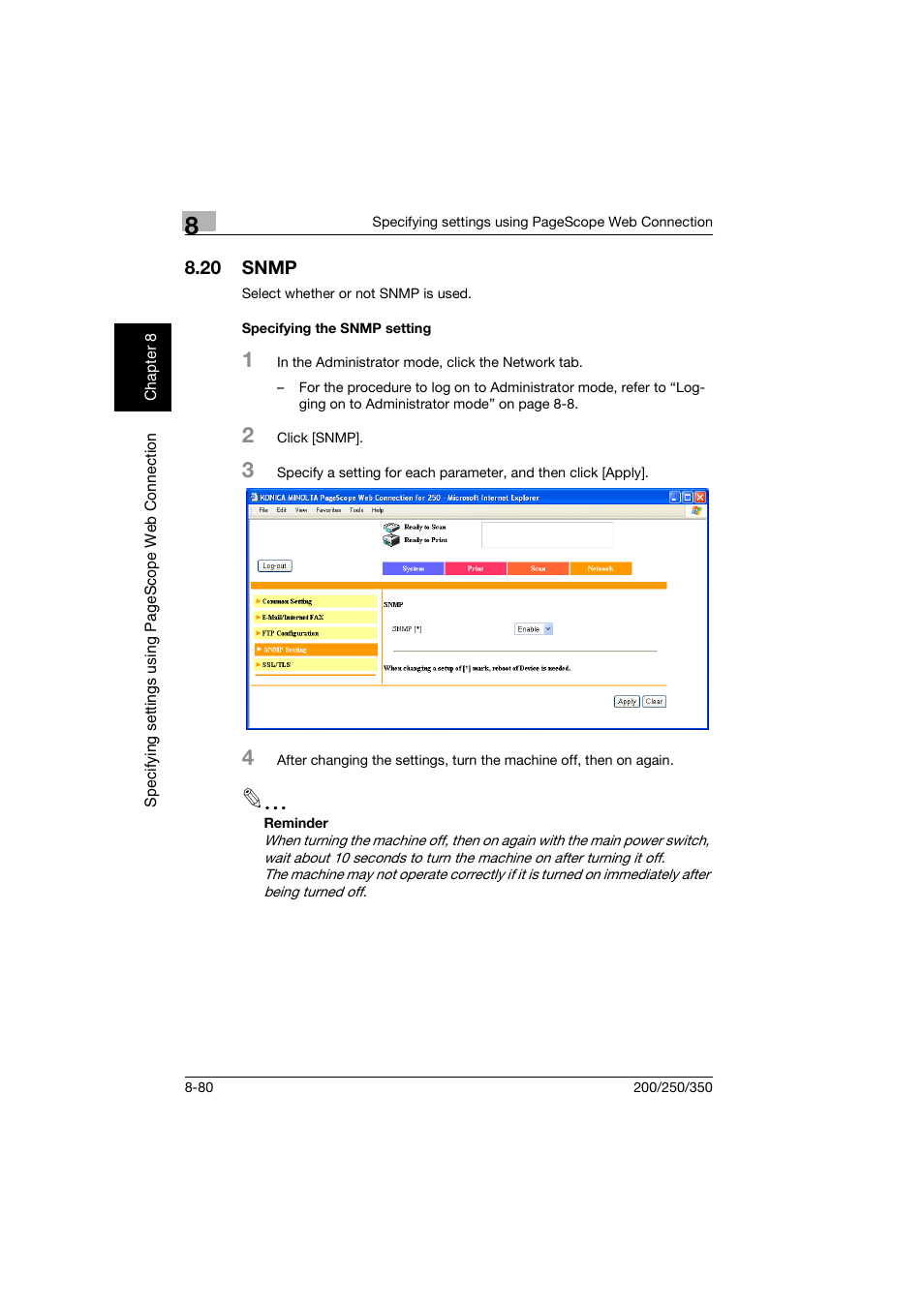 20 snmp, Specifying the snmp setting, Snmp -80 | Specifying the snmp setting -80 | Konica Minolta BP-200 User Manual | Page 359 / 468