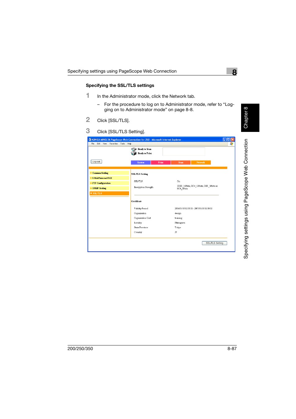 Specifying the ssl/tls settings, Specifying the ssl/tls settings -87 | Konica Minolta BP-200 User Manual | Page 366 / 468