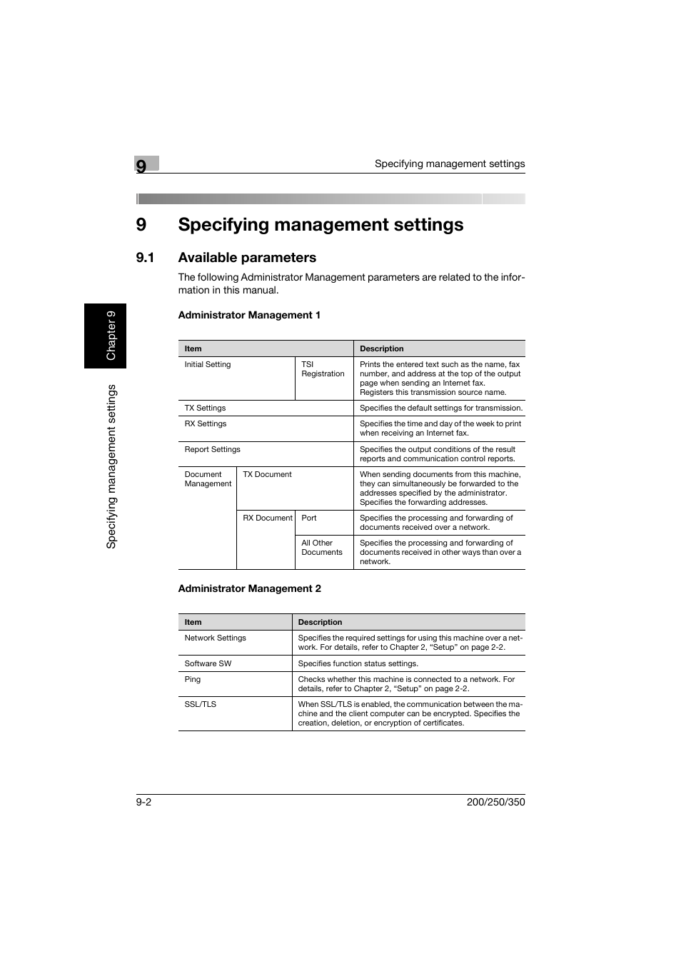 9 specifying management settings, 1 available parameters, Administrator management 1 | Administrator management 2, Specifying management settings, Available parameters -2, 9specifying management settings | Konica Minolta BP-200 User Manual | Page 371 / 468