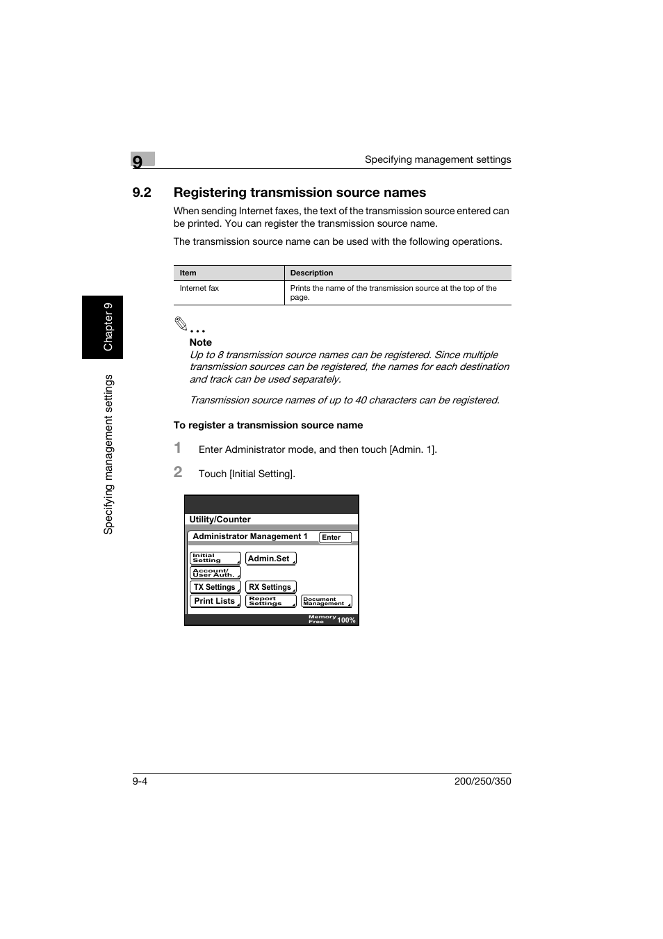 2 registering transmission source names, To register a transmission source name, Registering transmission source names -4 | To register a transmission source name -4 | Konica Minolta BP-200 User Manual | Page 373 / 468