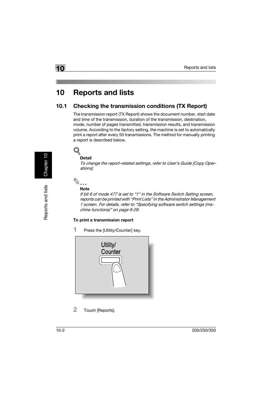 10 reports and lists, 1 checking the transmission conditions (tx report), To print a transmission report | To print a transmission report -2, Utility/ counter | Konica Minolta BP-200 User Manual | Page 433 / 468