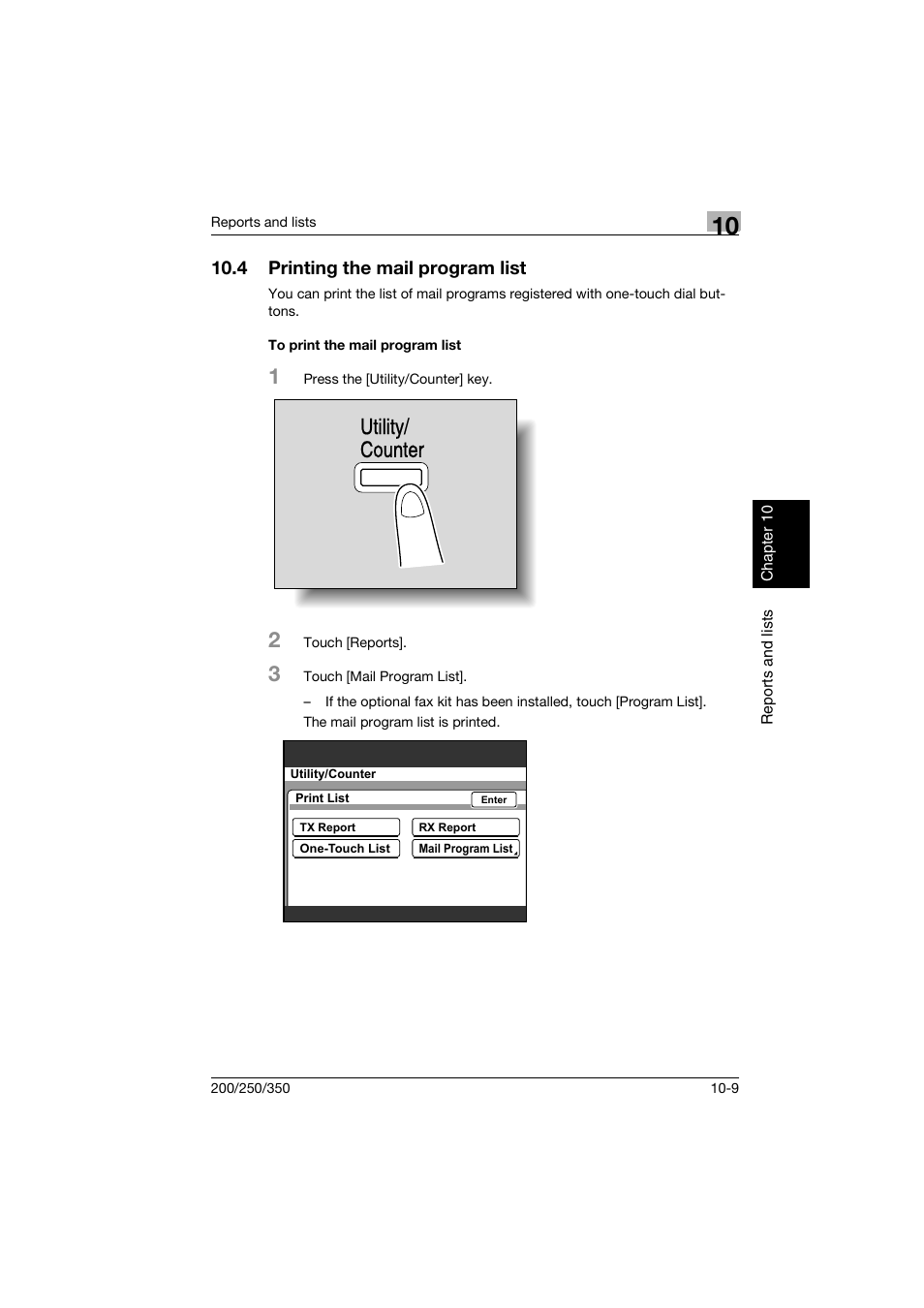 4 printing the mail program list, To print the mail program list, Printing the mail program list -9 | To print the mail program list -9, Utility/ counter | Konica Minolta BP-200 User Manual | Page 440 / 468