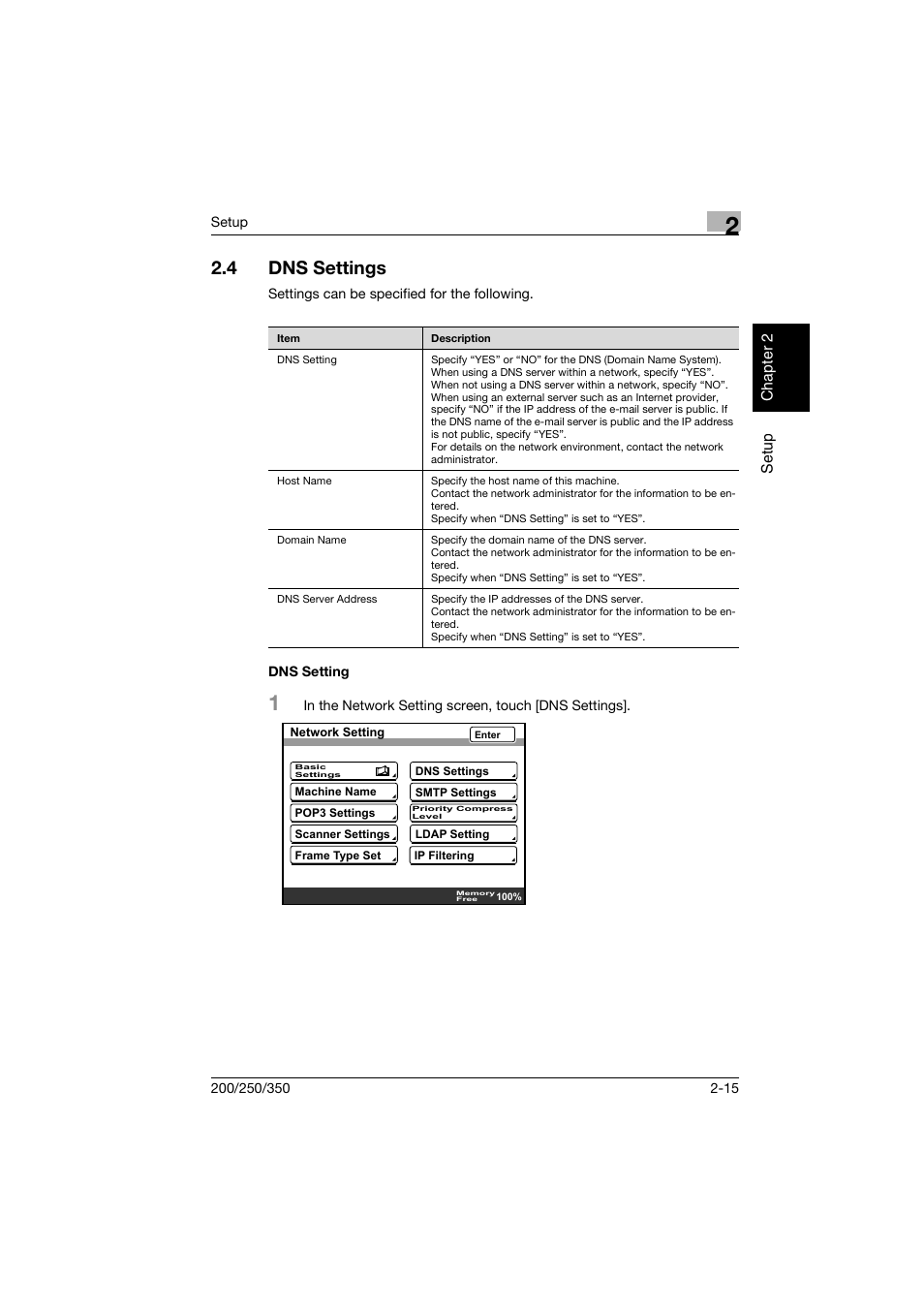 4 dns settings, Dns setting, Dns settings -15 | Dns setting -15 | Konica Minolta BP-200 User Manual | Page 48 / 468