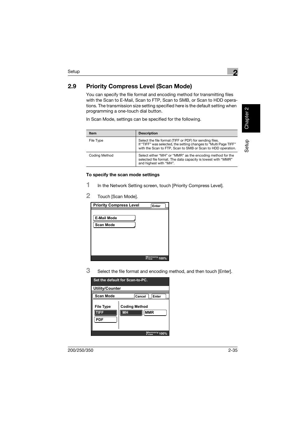 9 priority compress level (scan mode), To specify the scan mode settings, Priority compress level (scan mode) -35 | To specify the scan mode settings -35 | Konica Minolta BP-200 User Manual | Page 68 / 468
