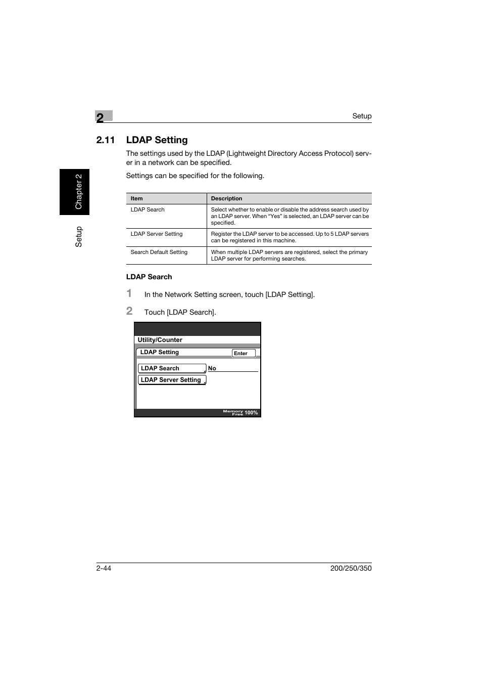 11 ldap setting, Ldap search, Ldap setting -44 | Ldap search -44 | Konica Minolta BP-200 User Manual | Page 77 / 468