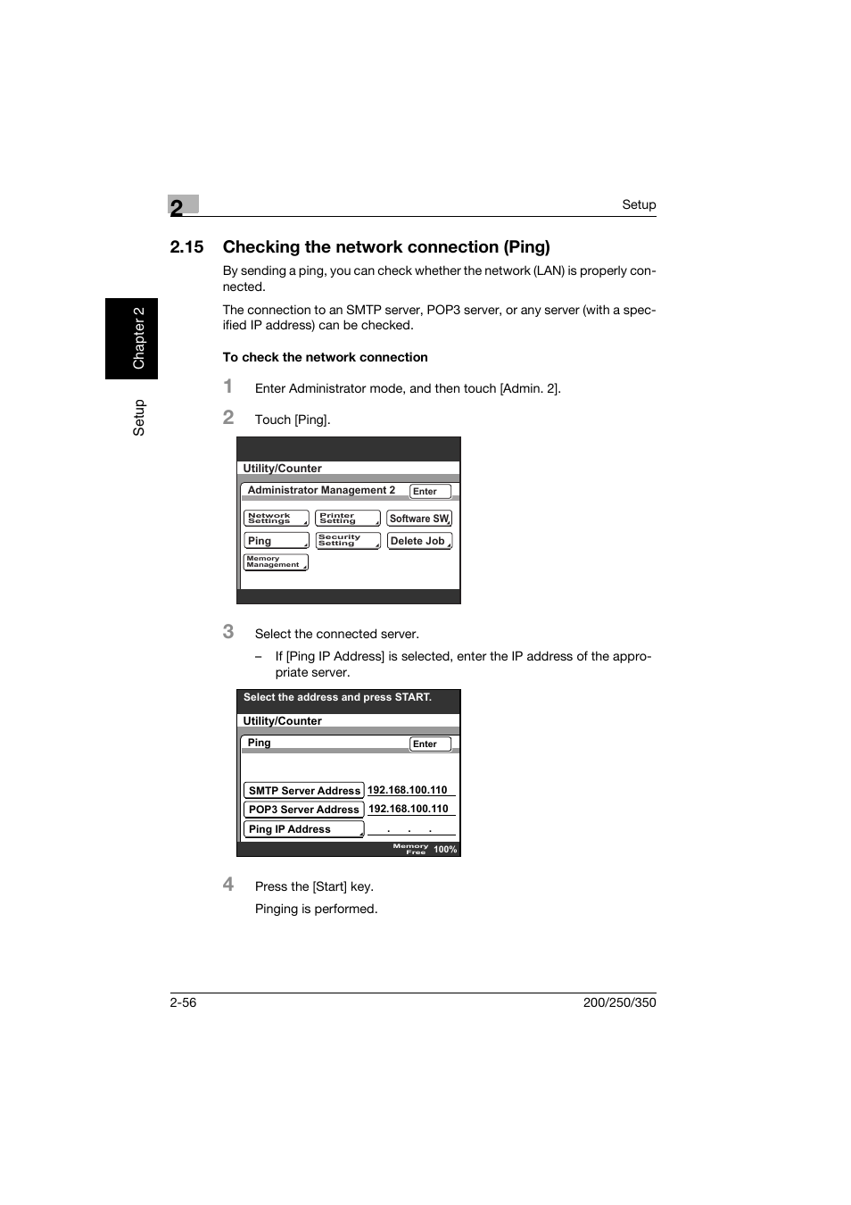 15 checking the network connection (ping), To check the network connection, Checking the network connection (ping) -56 | To check the network connection -56 | Konica Minolta BP-200 User Manual | Page 89 / 468