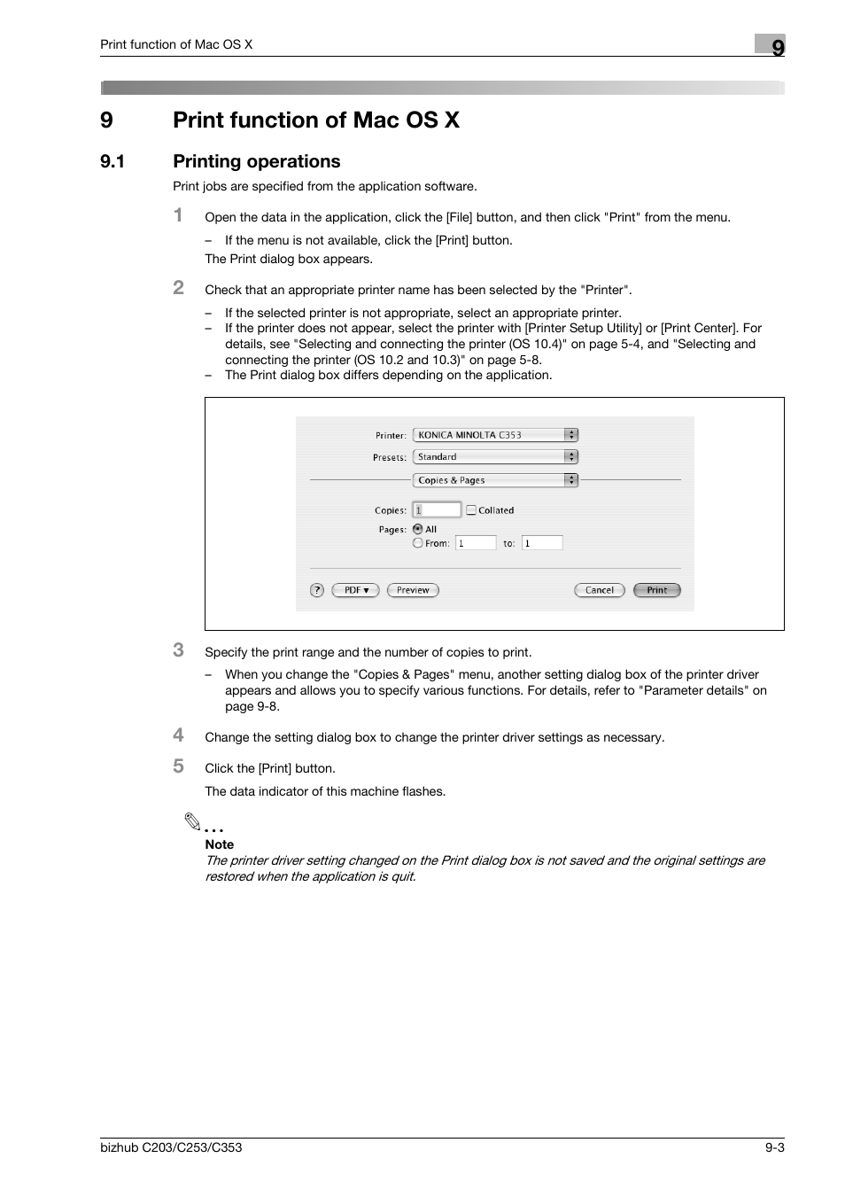9 print function of mac os x, 1 printing operations, Print function of mac os x | Printing operations -3, 9print function of mac os x | Konica Minolta BIZHUB C203 User Manual | Page 109 / 278
