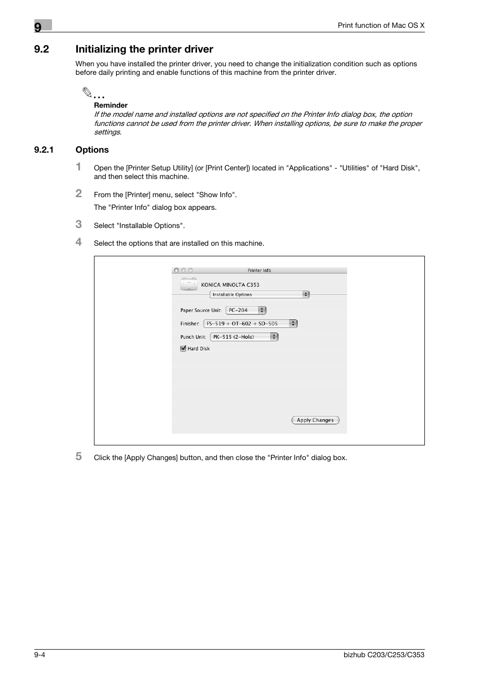 2 initializing the printer driver, 1 options, Initializing the printer driver -4 | Options -4 | Konica Minolta BIZHUB C203 User Manual | Page 110 / 278