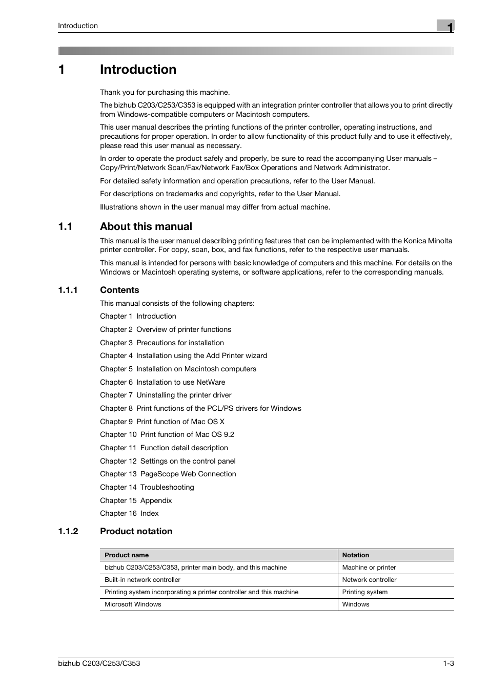 1 introduction, 1 about this manual, 1 contents | 2 product notation, Introduction, About this manual -3, Contents -3, Product notation -3, 1introduction | Konica Minolta BIZHUB C203 User Manual | Page 13 / 278