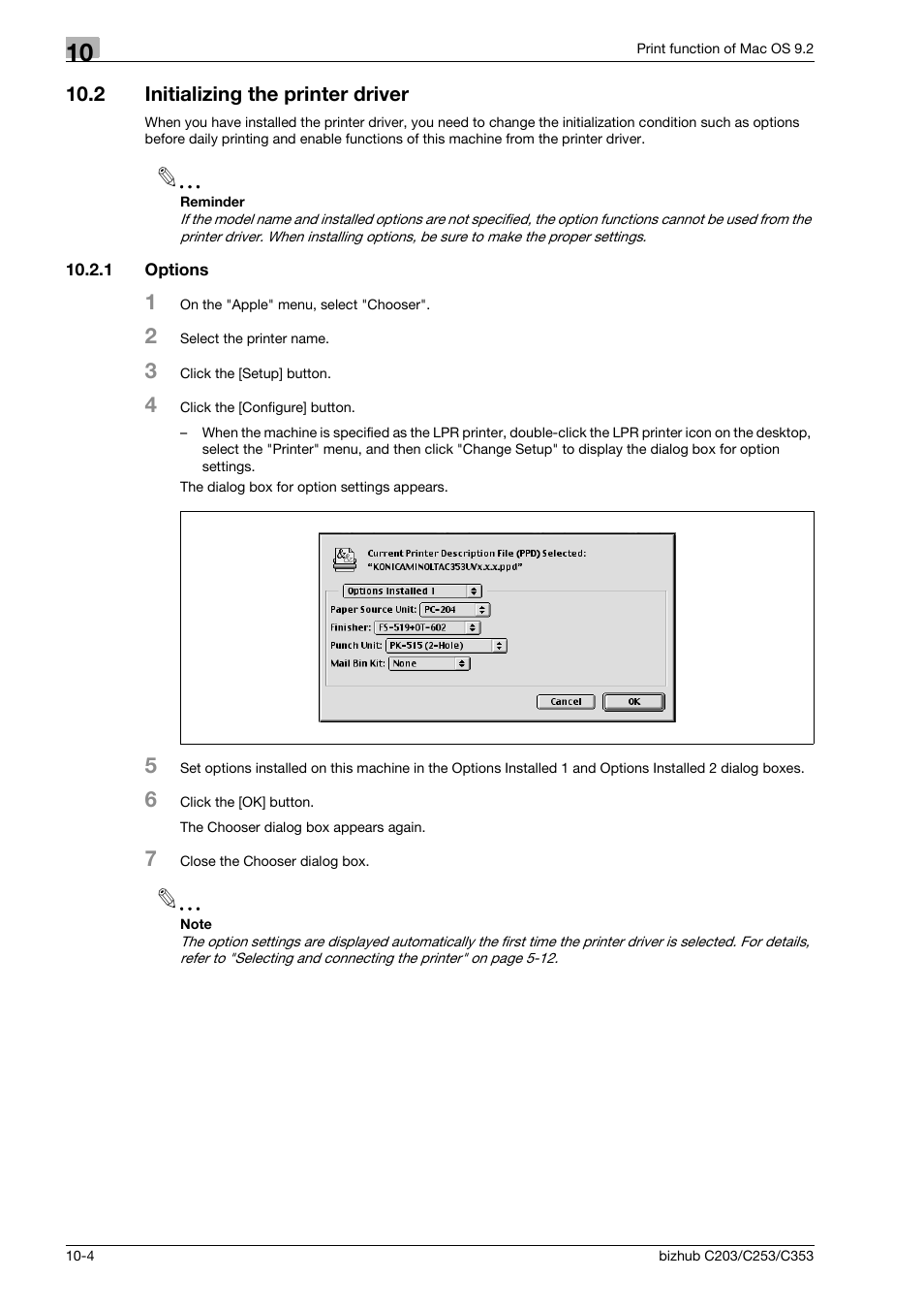2 initializing the printer driver, 1 options, Initializing the printer driver -4 | Options -4 | Konica Minolta BIZHUB C203 User Manual | Page 134 / 278