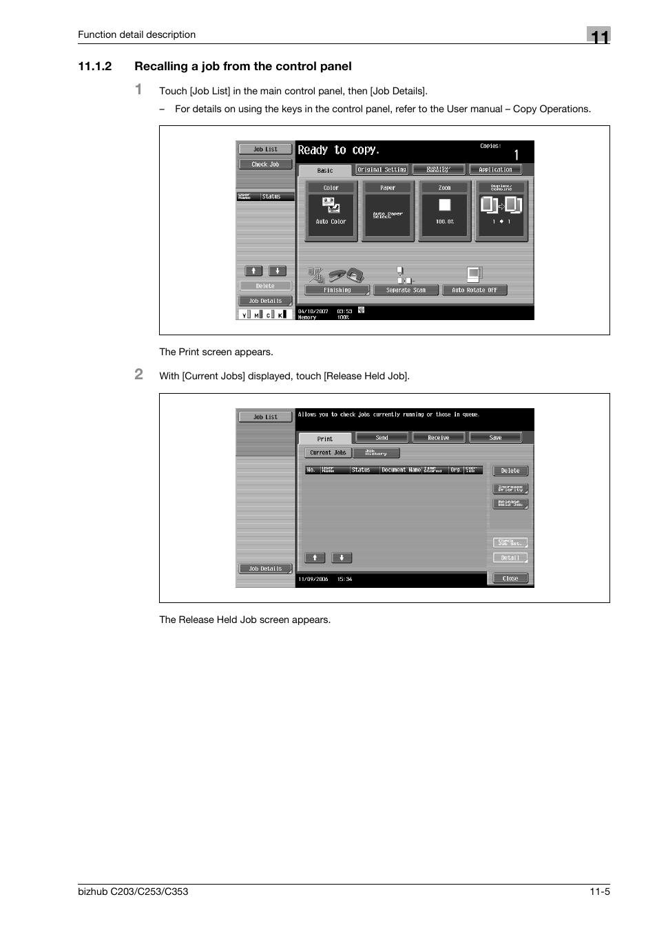 2 recalling a job from the control panel, Recalling a job from the control panel -5 | Konica Minolta BIZHUB C203 User Manual | Page 145 / 278