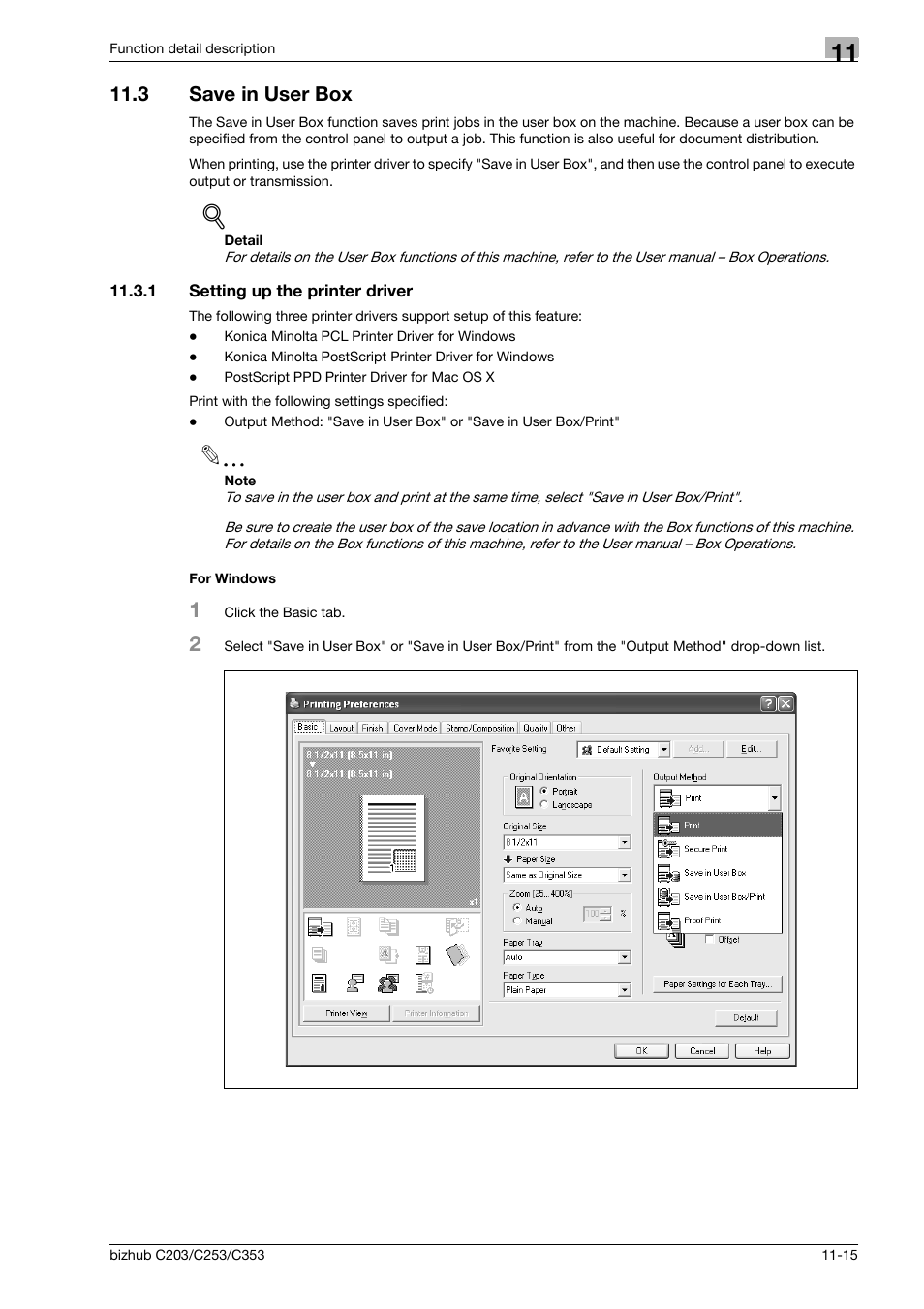 3 save in user box, 1 setting up the printer driver, For windows | Save in user box -15, Setting up the printer driver -15 for windows -15 | Konica Minolta BIZHUB C203 User Manual | Page 155 / 278