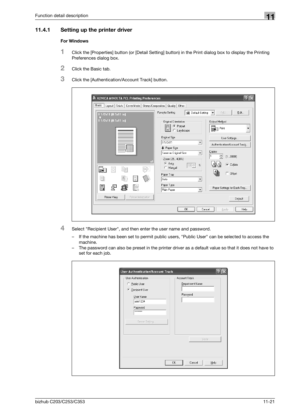 1 setting up the printer driver, For windows, Setting up the printer driver -21 for windows -21 | Konica Minolta BIZHUB C203 User Manual | Page 161 / 278