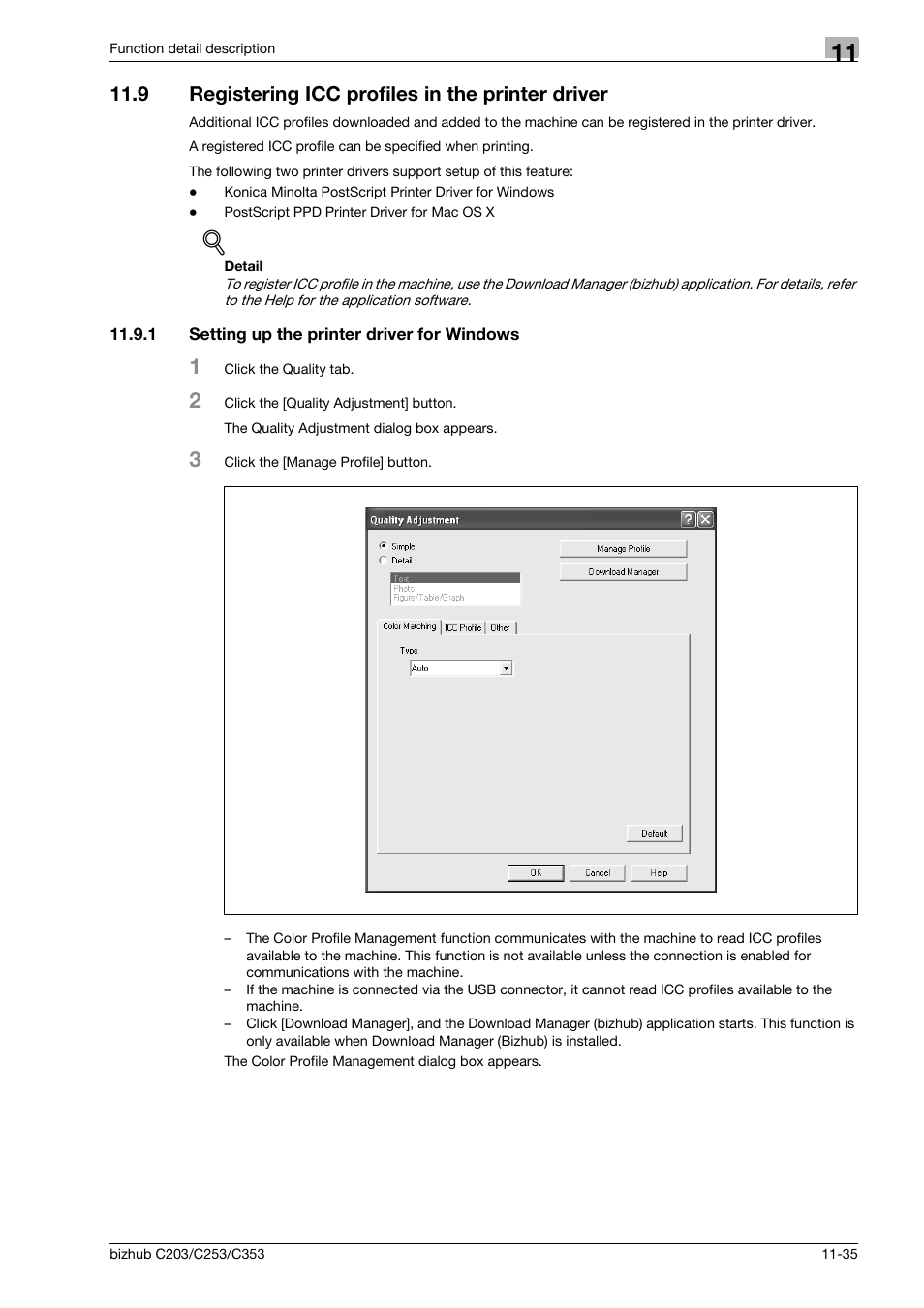 9 registering icc profiles in the printer driver, 1 setting up the printer driver for windows, Registering icc profiles in the printer driver -35 | Setting up the printer driver for windows -35 | Konica Minolta BIZHUB C203 User Manual | Page 175 / 278
