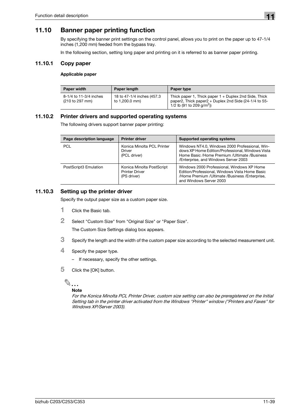 10 banner paper printing function, 1 copy paper, Applicable paper | 2 printer drivers and supported operating systems, 3 setting up the printer driver, Banner paper printing function -39, Copy paper -39 applicable paper -39, Setting up the printer driver -39 | Konica Minolta BIZHUB C203 User Manual | Page 179 / 278
