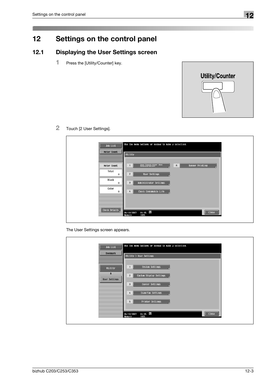 12 settings on the control panel, 1 displaying the user settings screen, Settings on the control panel | Displaying the user settings screen -3 | Konica Minolta BIZHUB C203 User Manual | Page 185 / 278