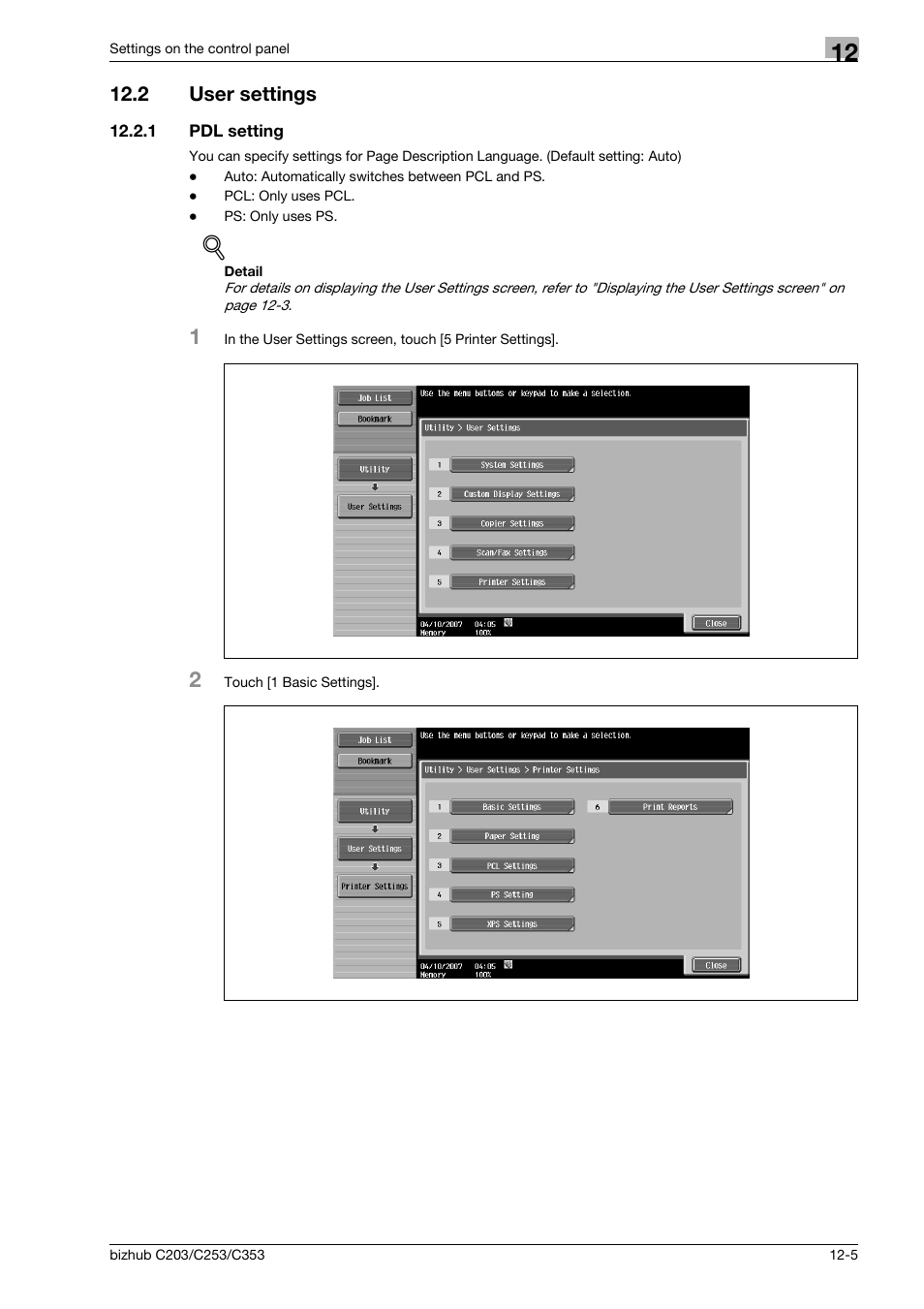 2 user settings, 1 pdl setting, User settings -5 | Pdl setting -5 | Konica Minolta BIZHUB C203 User Manual | Page 187 / 278