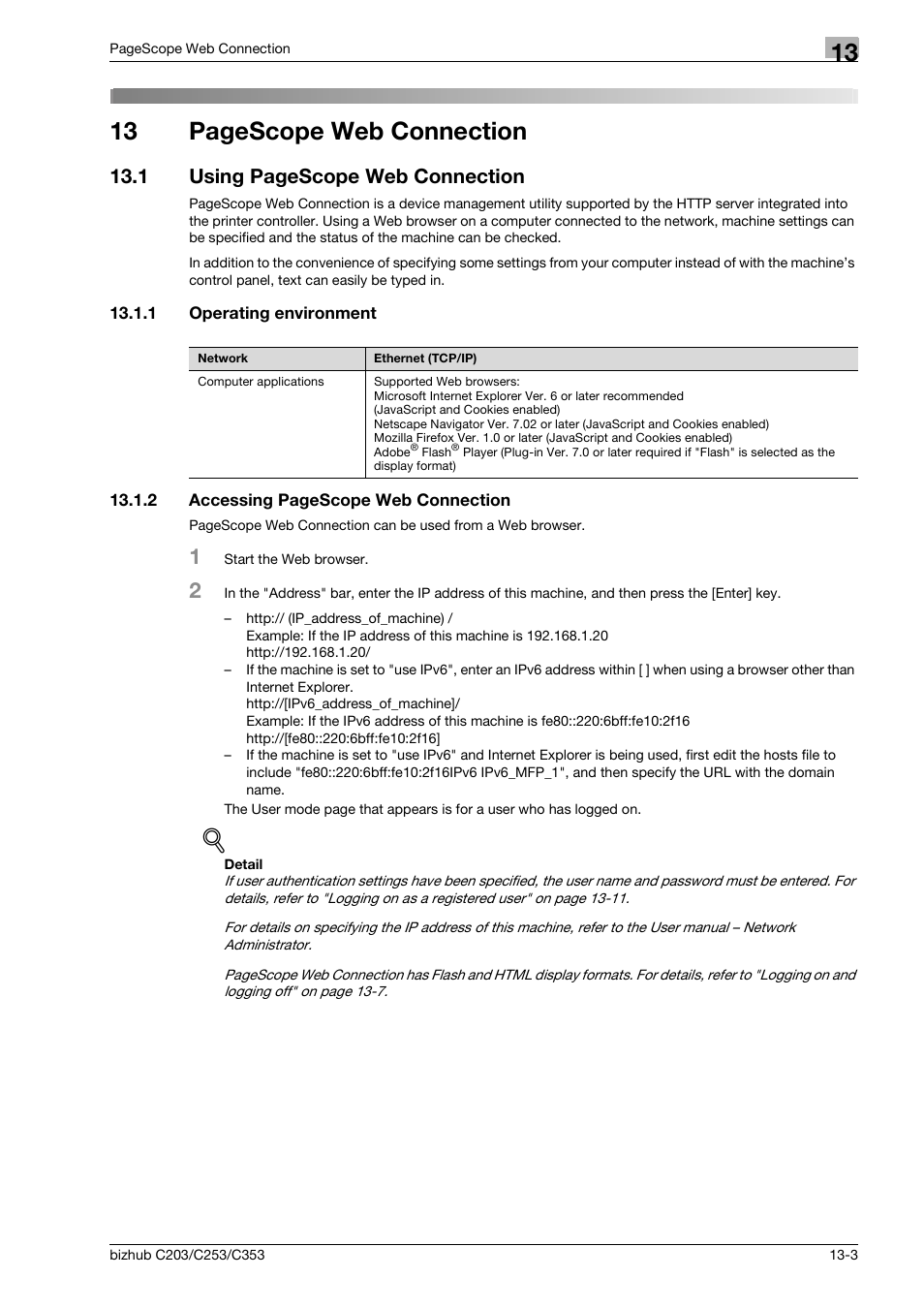 1 operating environment, Operating environment -3, 13 pagescope web connection | 1 using pagescope web connection | Konica Minolta BIZHUB C203 User Manual | Page 229 / 278