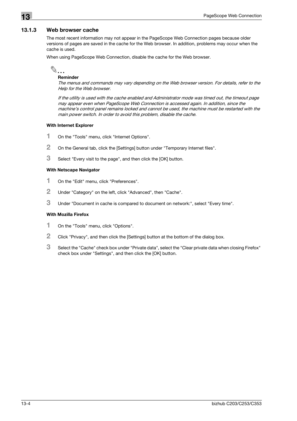 3 web browser cache, With internet explorer, With netscape navigator | With mozilla firefox | Konica Minolta BIZHUB C203 User Manual | Page 230 / 278