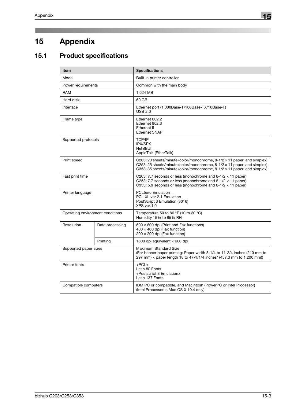 15 appendix, 1 product specifications, Appendix | Product specifications -3 | Konica Minolta BIZHUB C203 User Manual | Page 261 / 278