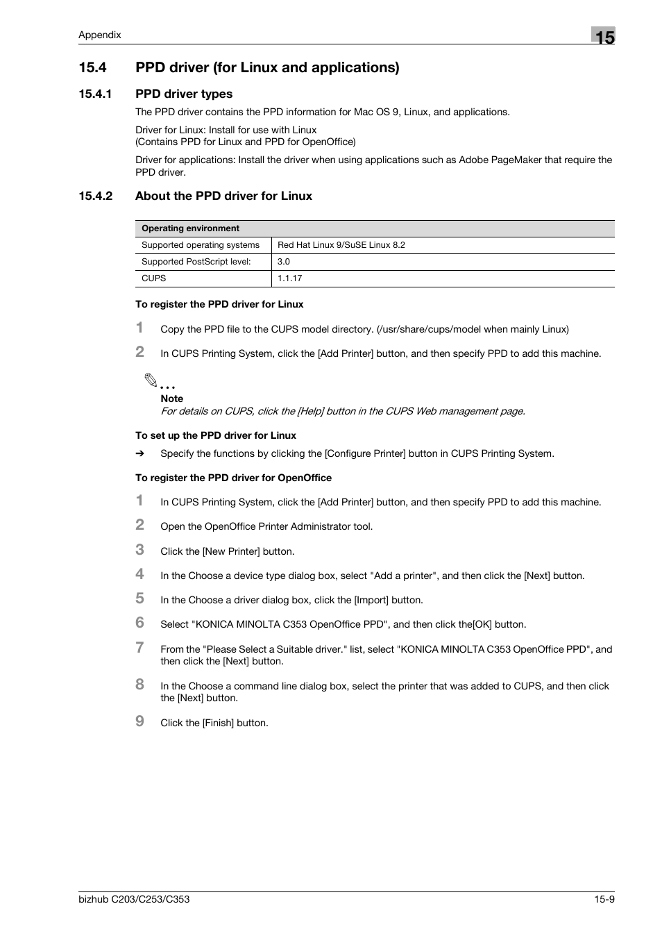 4 ppd driver (for linux and applications), 1 ppd driver types, 2 about the ppd driver for linux | To register the ppd driver for linux, To set up the ppd driver for linux, To register the ppd driver for openoffice, Ppd driver (for linux and applications) -9, Ppd driver types -9 | Konica Minolta BIZHUB C203 User Manual | Page 267 / 278