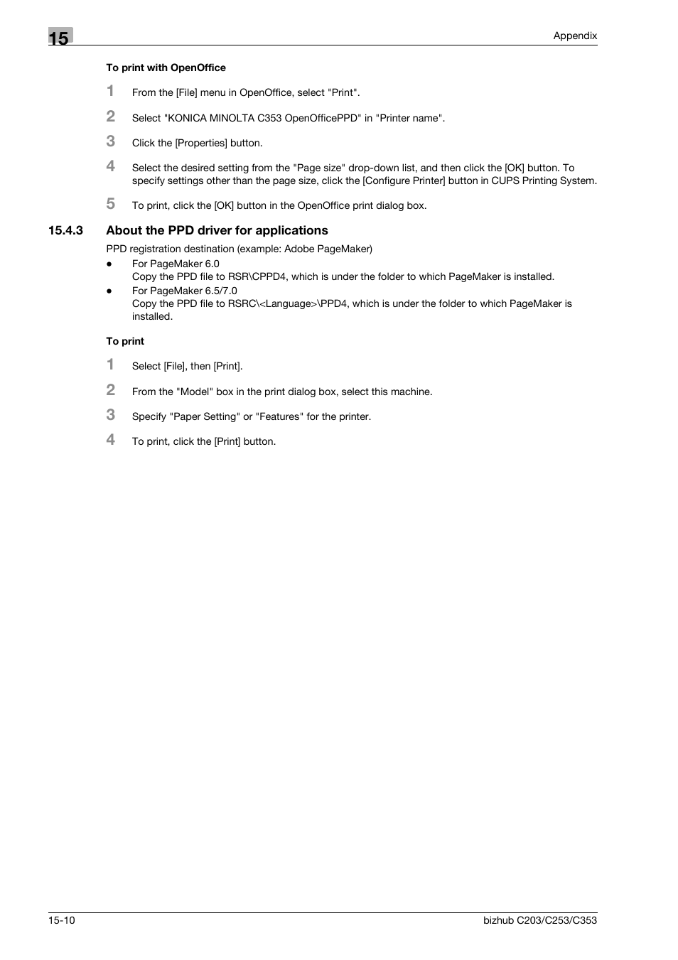 To print with openoffice, 3 about the ppd driver for applications, To print | To print with openoffice -10 | Konica Minolta BIZHUB C203 User Manual | Page 268 / 278