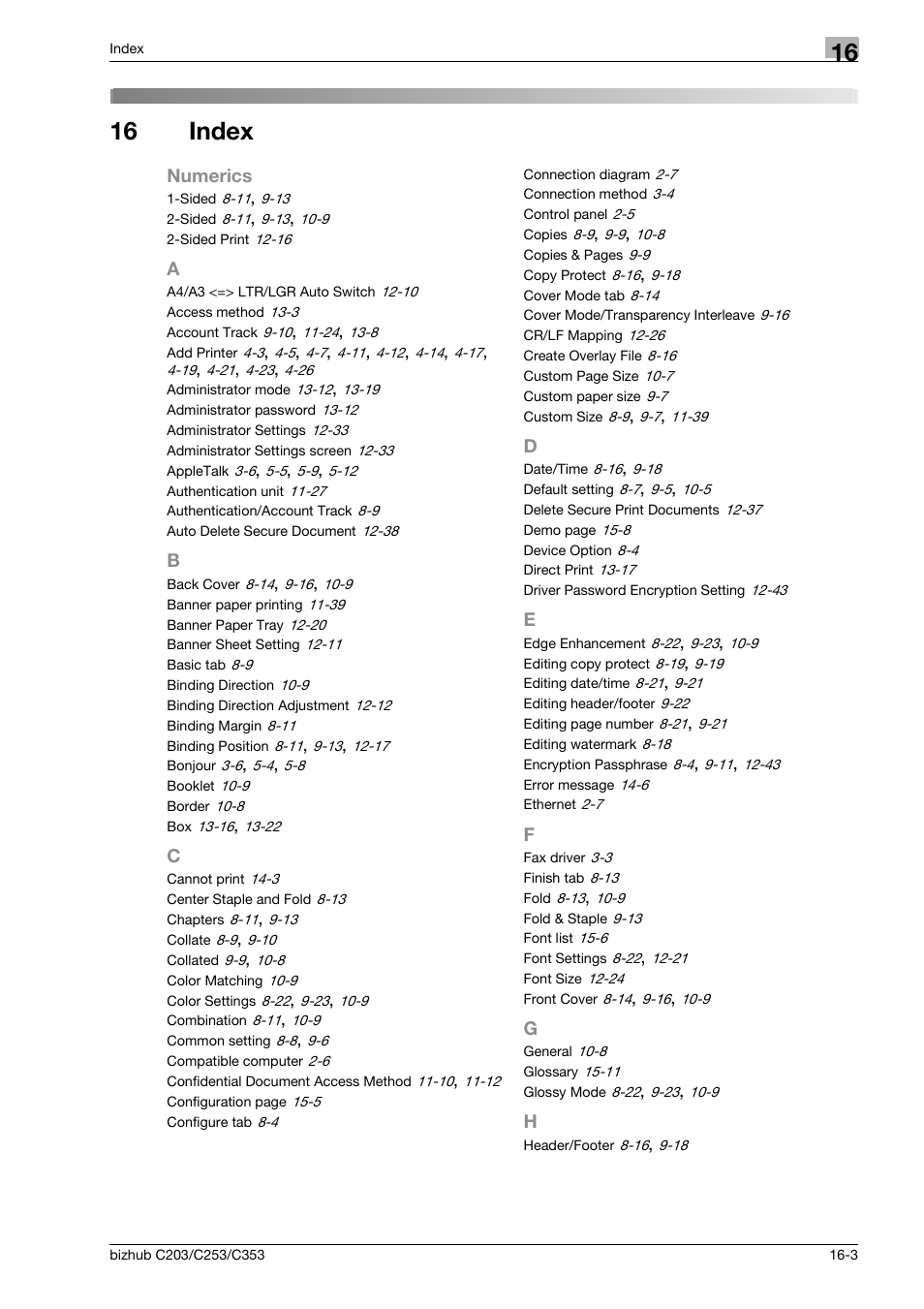 16 index, Index | Konica Minolta BIZHUB C203 User Manual | Page 275 / 278