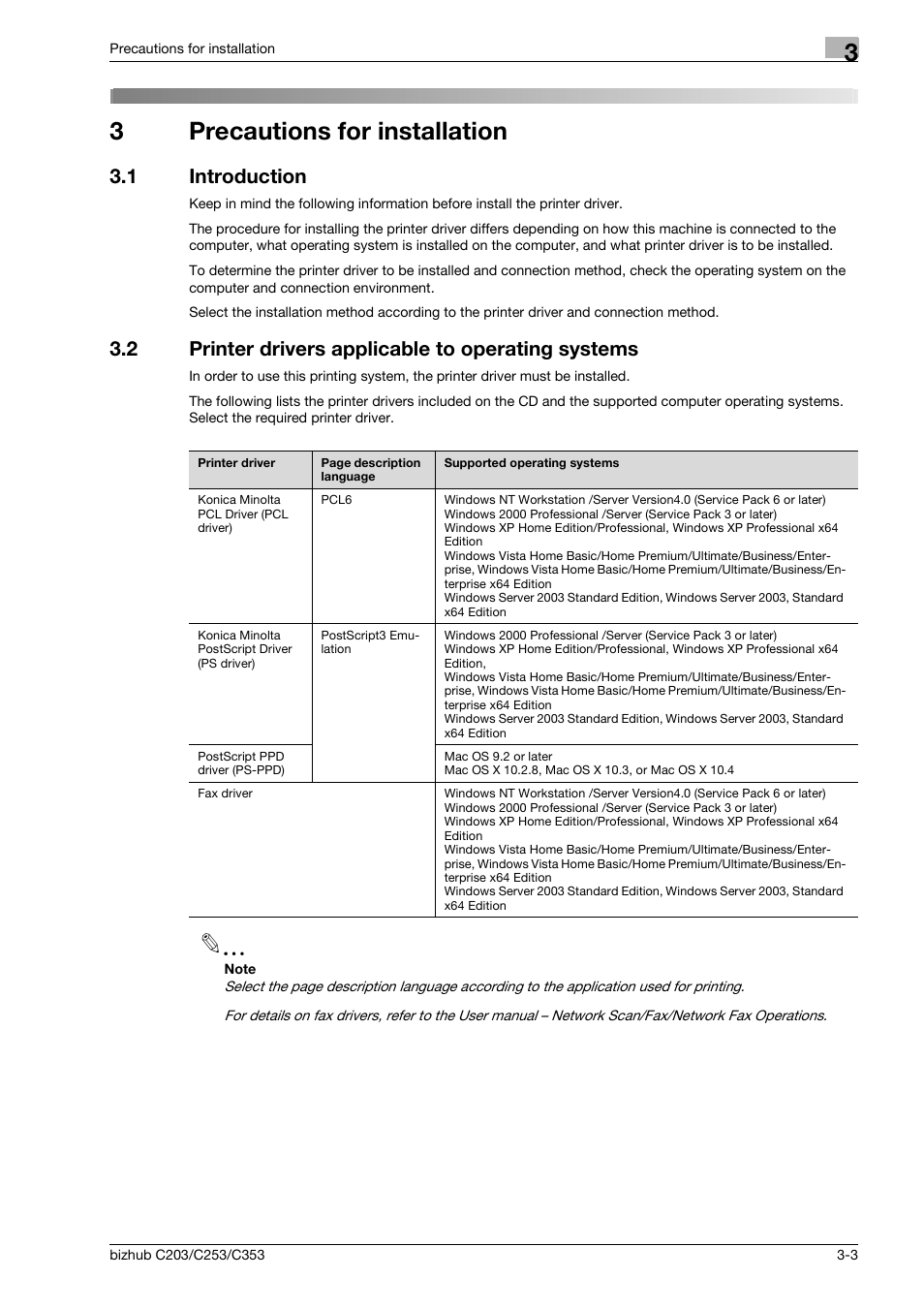 3 precautions for installation, 1 introduction, 2 printer drivers applicable to operating systems | Precautions for installation, Introduction -3, Printer drivers applicable to operating systems -3, 3precautions for installation | Konica Minolta BIZHUB C203 User Manual | Page 29 / 278