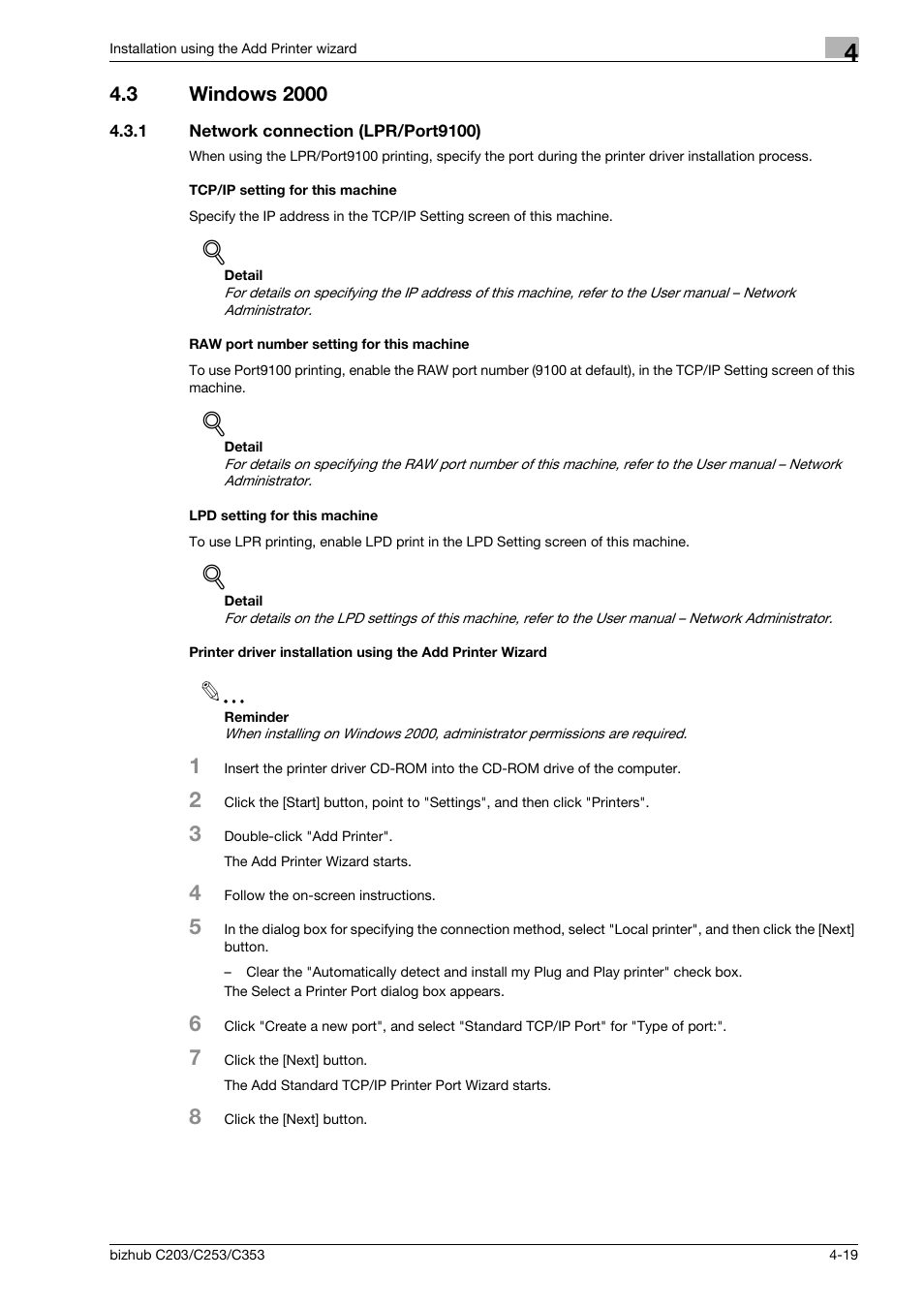 3 windows 2000, 1 network connection (lpr/port9100), Tcp/ip setting for this machine | Raw port number setting for this machine, Lpd setting for this machine, Windows 2000 -19 | Konica Minolta BIZHUB C203 User Manual | Page 51 / 278