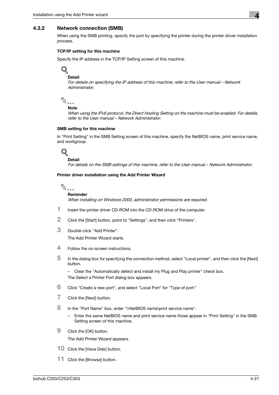2 network connection (smb), Tcp/ip setting for this machine, Smb setting for this machine | Konica Minolta BIZHUB C203 User Manual | Page 53 / 278