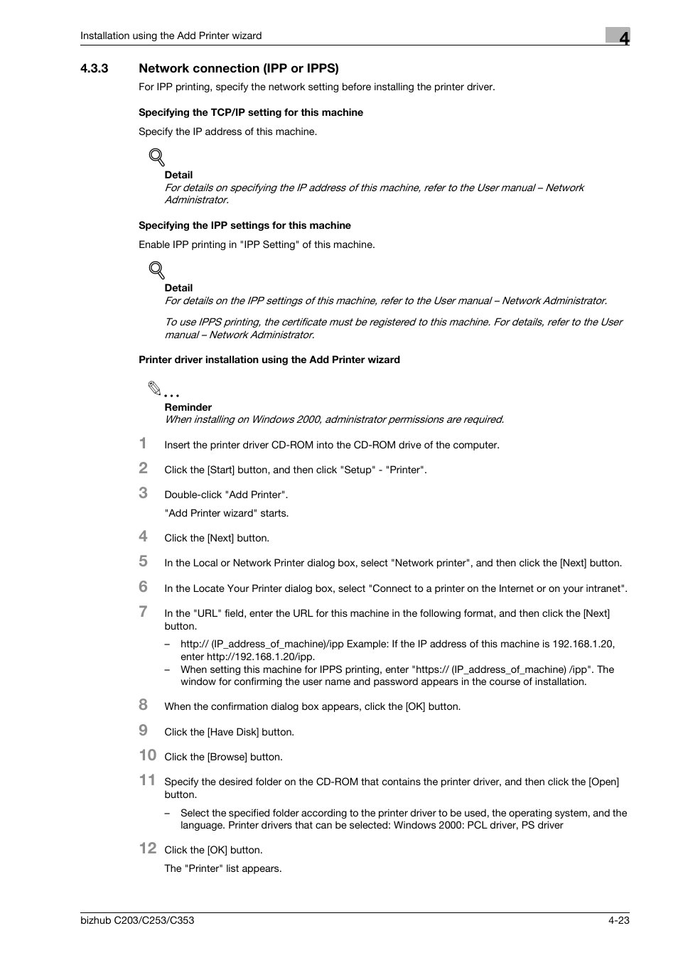 3 network connection (ipp or ipps), Specifying the tcp/ip setting for this machine, Specifying the ipp settings for this machine | Konica Minolta BIZHUB C203 User Manual | Page 55 / 278