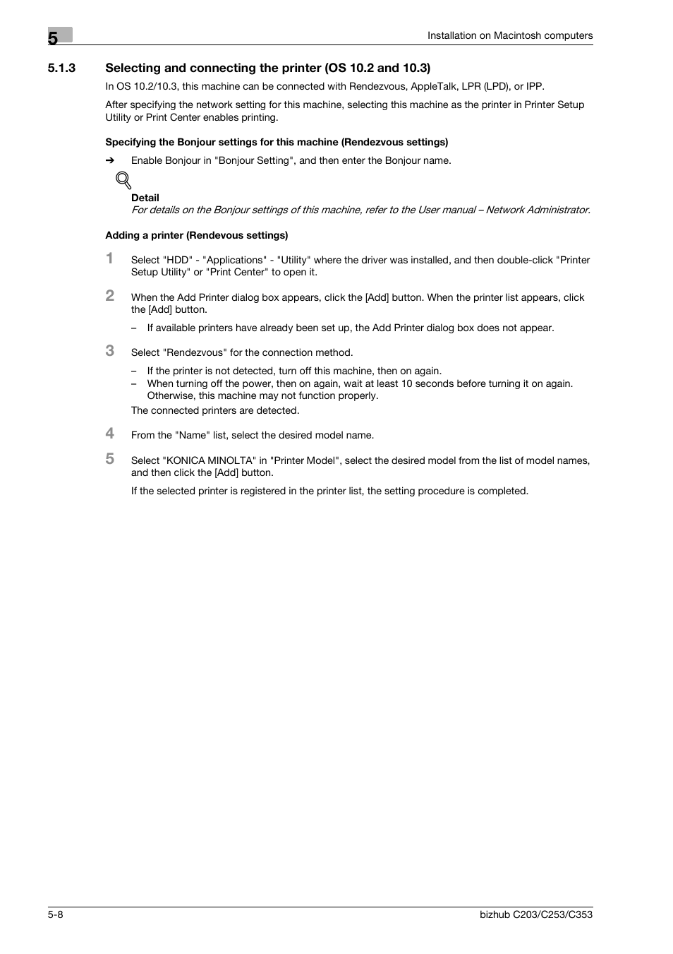 Adding a printer (rendevous settings) | Konica Minolta BIZHUB C203 User Manual | Page 68 / 278