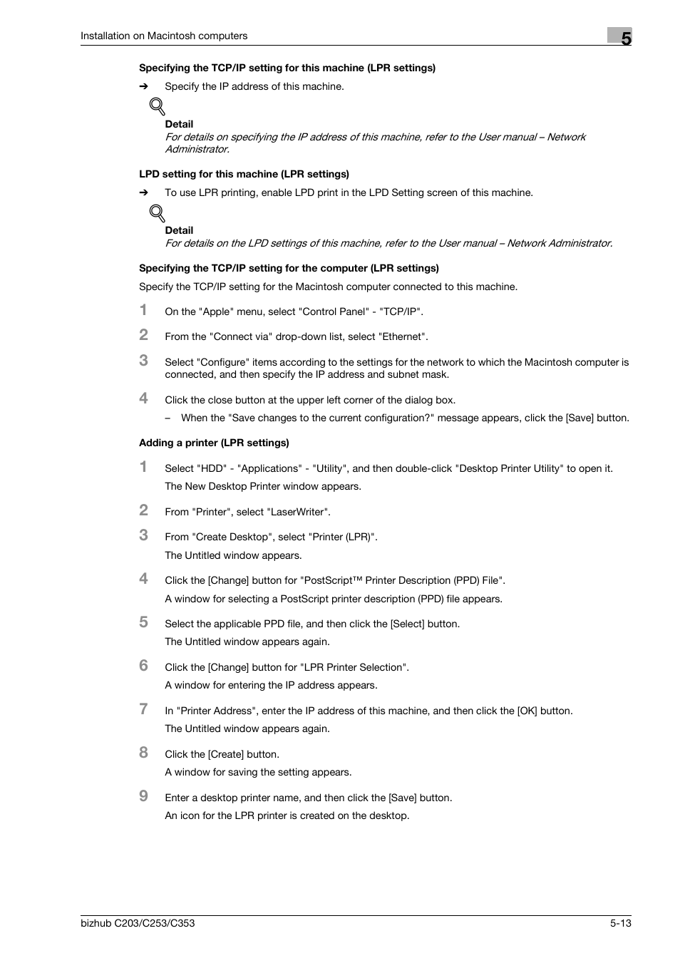 Lpd setting for this machine (lpr settings), Adding a printer (lpr settings) | Konica Minolta BIZHUB C203 User Manual | Page 73 / 278