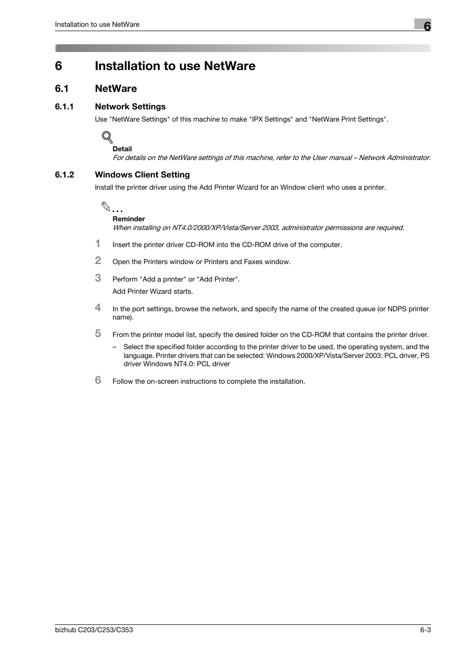 6 installation to use netware, 1 netware, 1 network settings | 2 windows client setting, Installation to use netware, Netware -3, Network settings -3, Windows client setting -3, 6installation to use netware | Konica Minolta BIZHUB C203 User Manual | Page 77 / 278