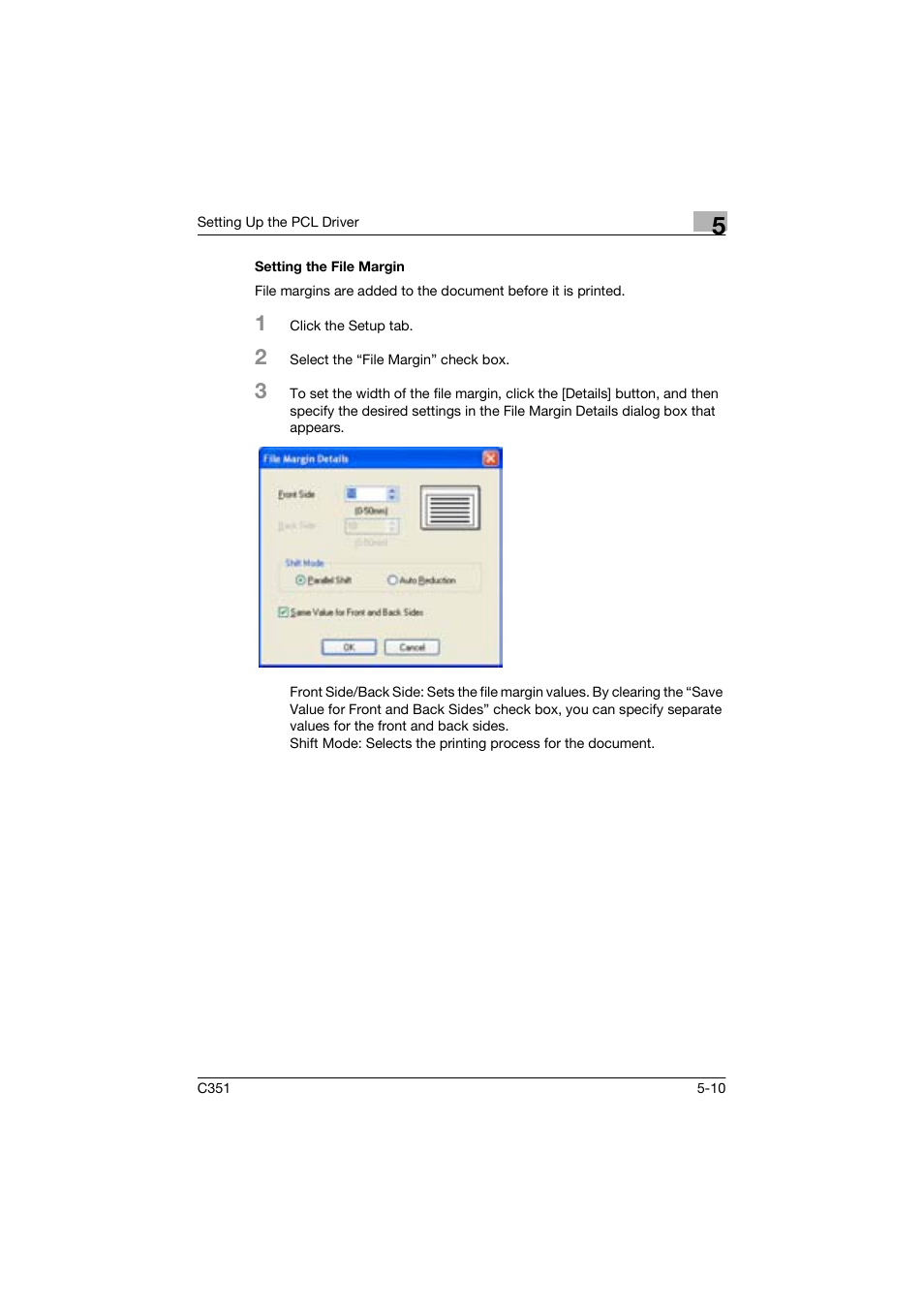 Setting the file margin | Konica Minolta BIZHUP C351 User Manual | Page 111 / 318