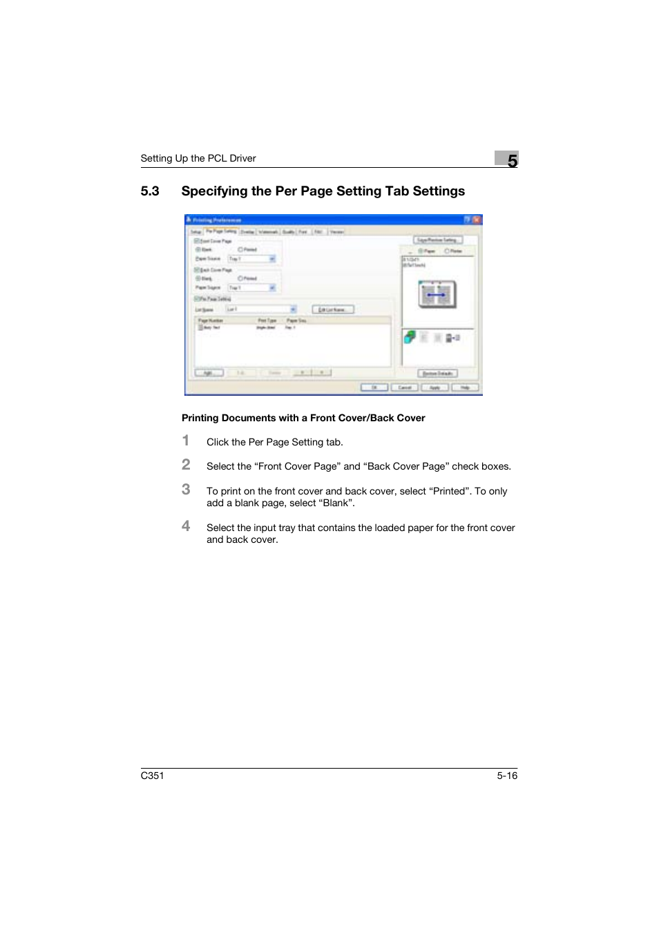 Printing documents with a front cover/back cover | Konica Minolta BIZHUP C351 User Manual | Page 117 / 318