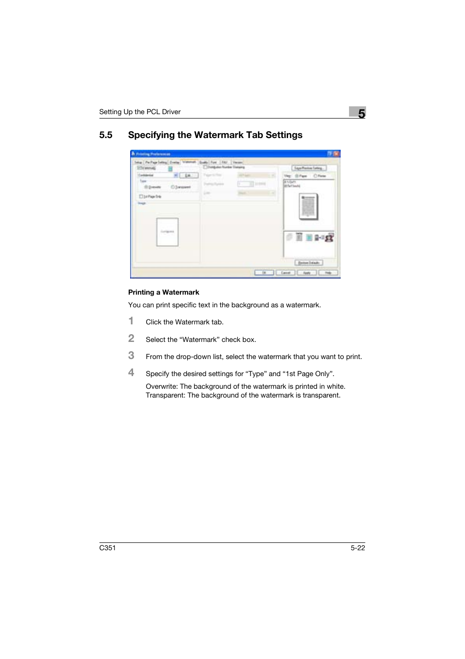 5 specifying the watermark tab settings, Printing a watermark | Konica Minolta BIZHUP C351 User Manual | Page 123 / 318