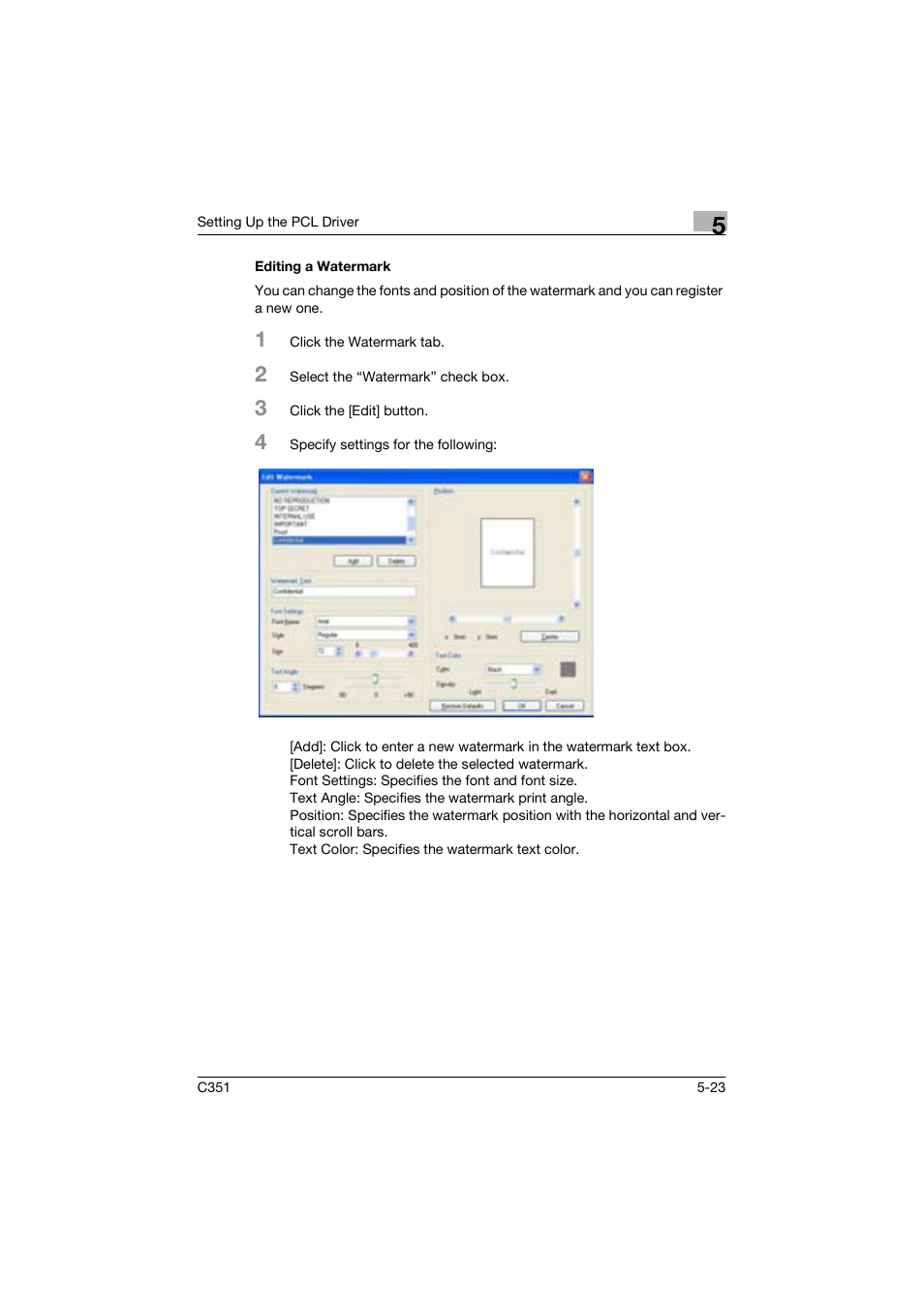 Editing a watermark | Konica Minolta BIZHUP C351 User Manual | Page 124 / 318