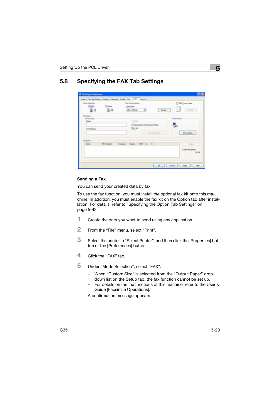 8 specifying the fax tab settings, Sending a fax | Konica Minolta BIZHUP C351 User Manual | Page 129 / 318