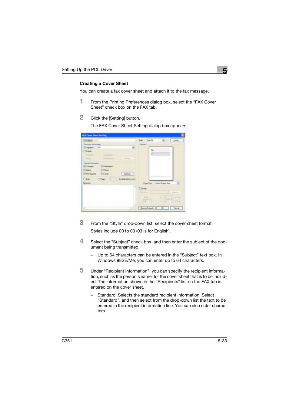 Creating a cover sheet | Konica Minolta BIZHUP C351 User Manual | Page 134 / 318