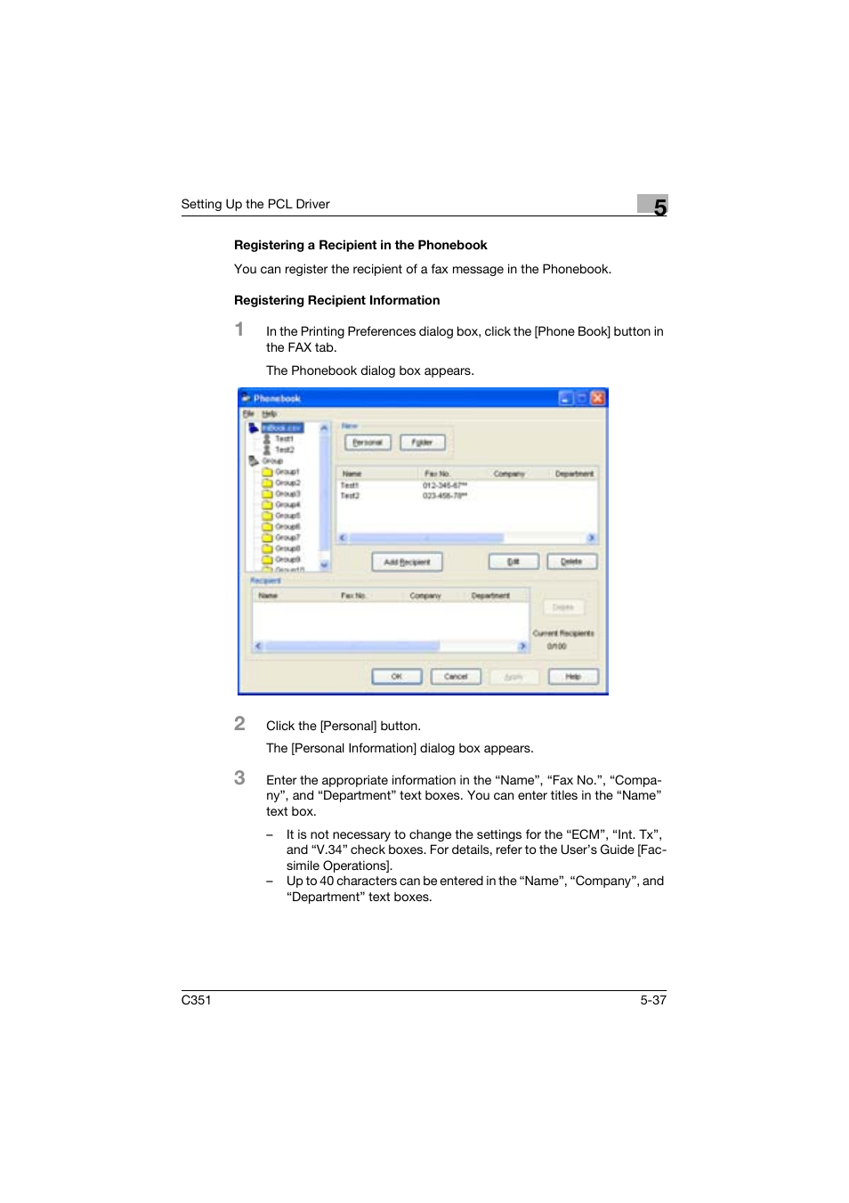 Registering a recipient in the phonebook, Registering recipient information | Konica Minolta BIZHUP C351 User Manual | Page 138 / 318
