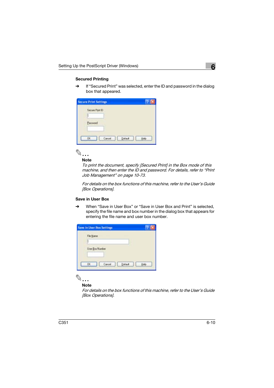 Secured printing, Save in user box | Konica Minolta BIZHUP C351 User Manual | Page 155 / 318
