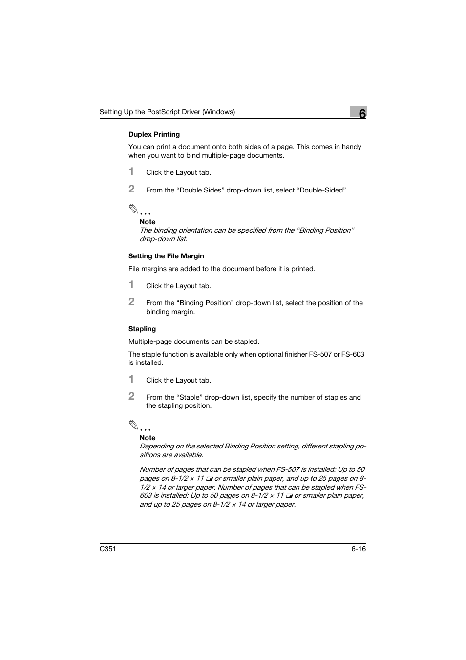 Duplex printing, Setting the file margin, Stapling | Konica Minolta BIZHUP C351 User Manual | Page 161 / 318