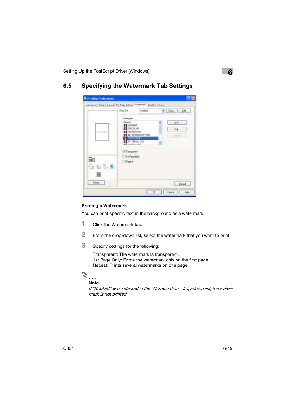 5 specifying the watermark tab settings, Printing a watermark | Konica Minolta BIZHUP C351 User Manual | Page 164 / 318