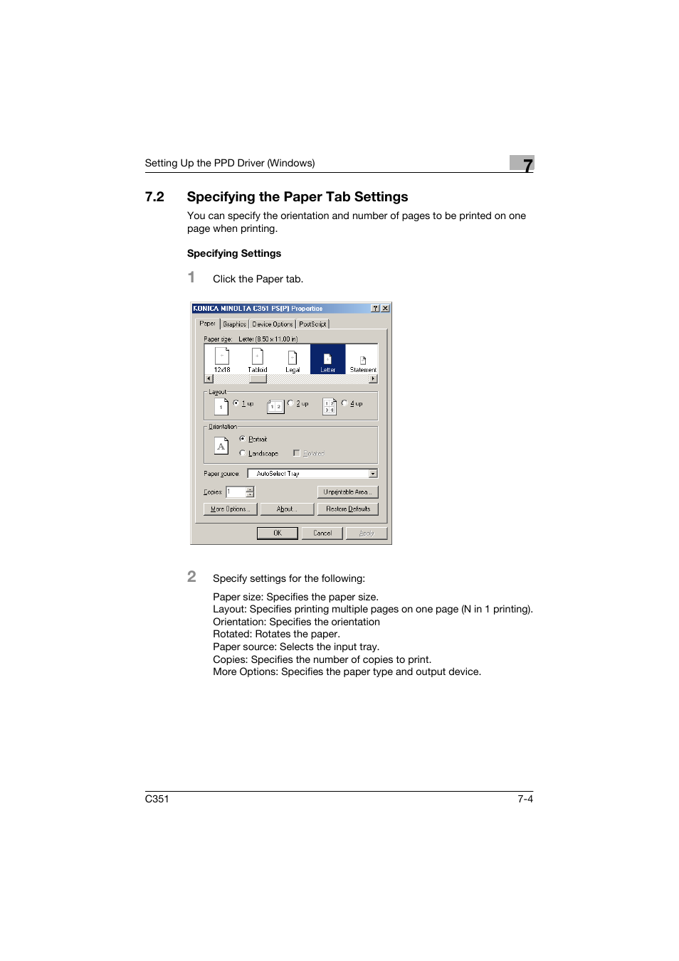 2 specifying the paper tab settings, Specifying settings | Konica Minolta BIZHUP C351 User Manual | Page 177 / 318
