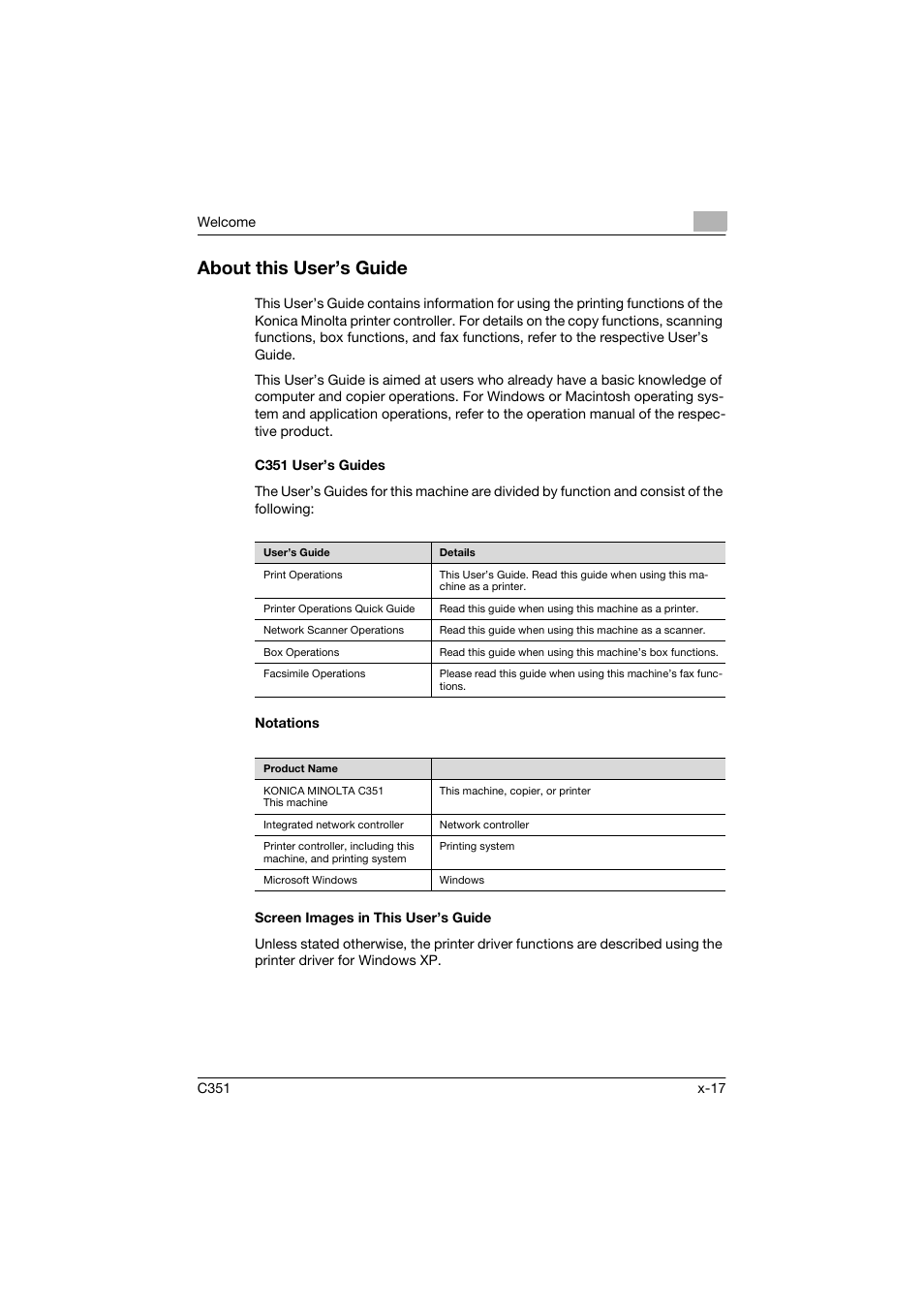 About this user’s guide, C351 user’s guides, Notations | Screen images in this user’s guide | Konica Minolta BIZHUP C351 User Manual | Page 18 / 318