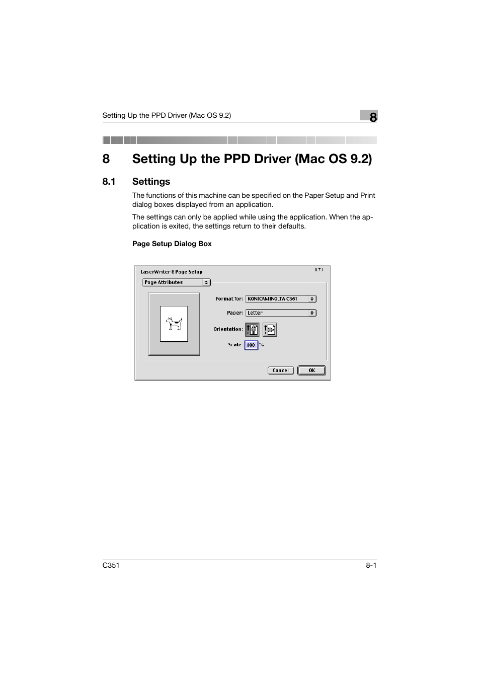 8 setting up the ppd driver (mac os 9.2), 1 settings, 8setting up the ppd driver (mac os 9.2) | Konica Minolta BIZHUP C351 User Manual | Page 182 / 318